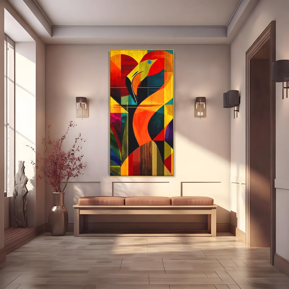 Tablou canvas cu tablou canvas cu flamingo geometric, in rama de aluminiu auriu